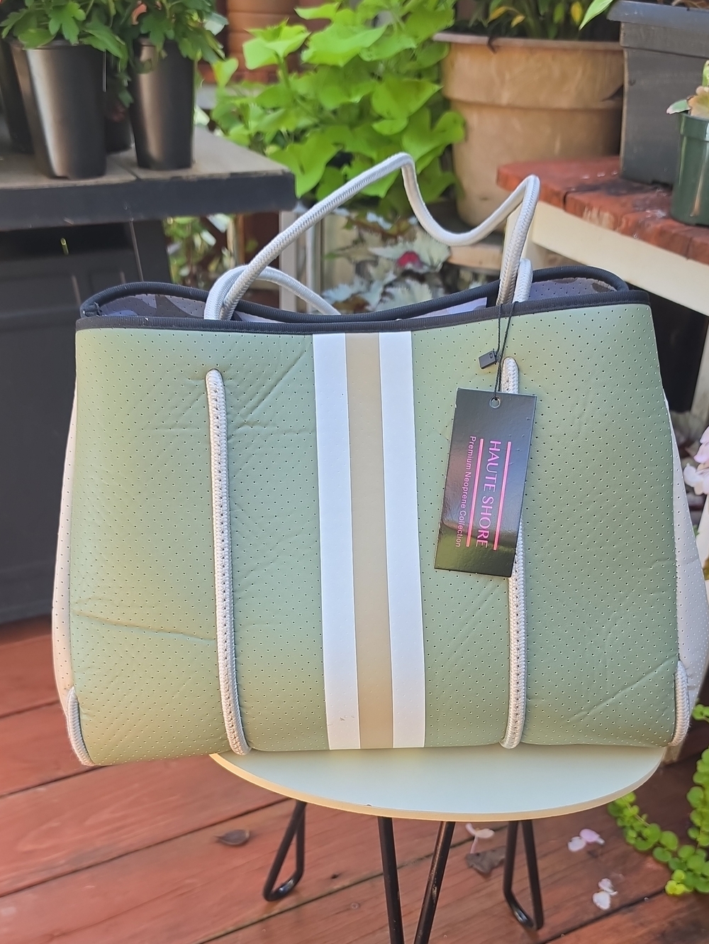 HAUTE SHORE Grayson HA Spruce Neoprene Tote with White Stripes